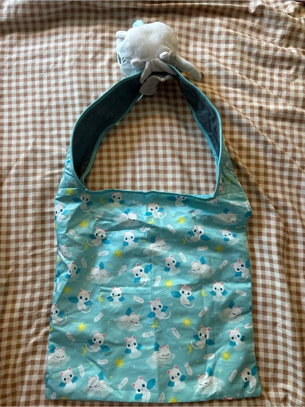 teeturtle Kids Reusable Shoulder Tote Bag in Aqua with Cute Cat Print